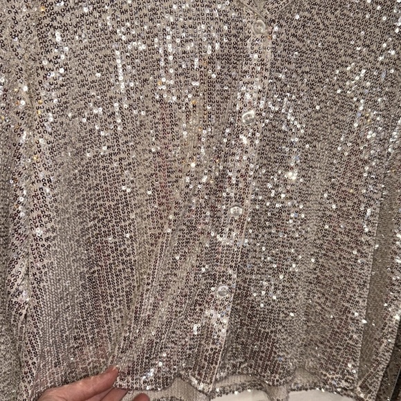 Moa Moa Champagne Sequins Cropped Long Sleeve Button Up Top, Women’s Size Large - Picture 5 of 8
